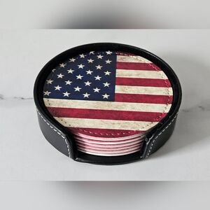 American Flag USA Flag Leather Drink Coasters w/ Holder- Set of 6